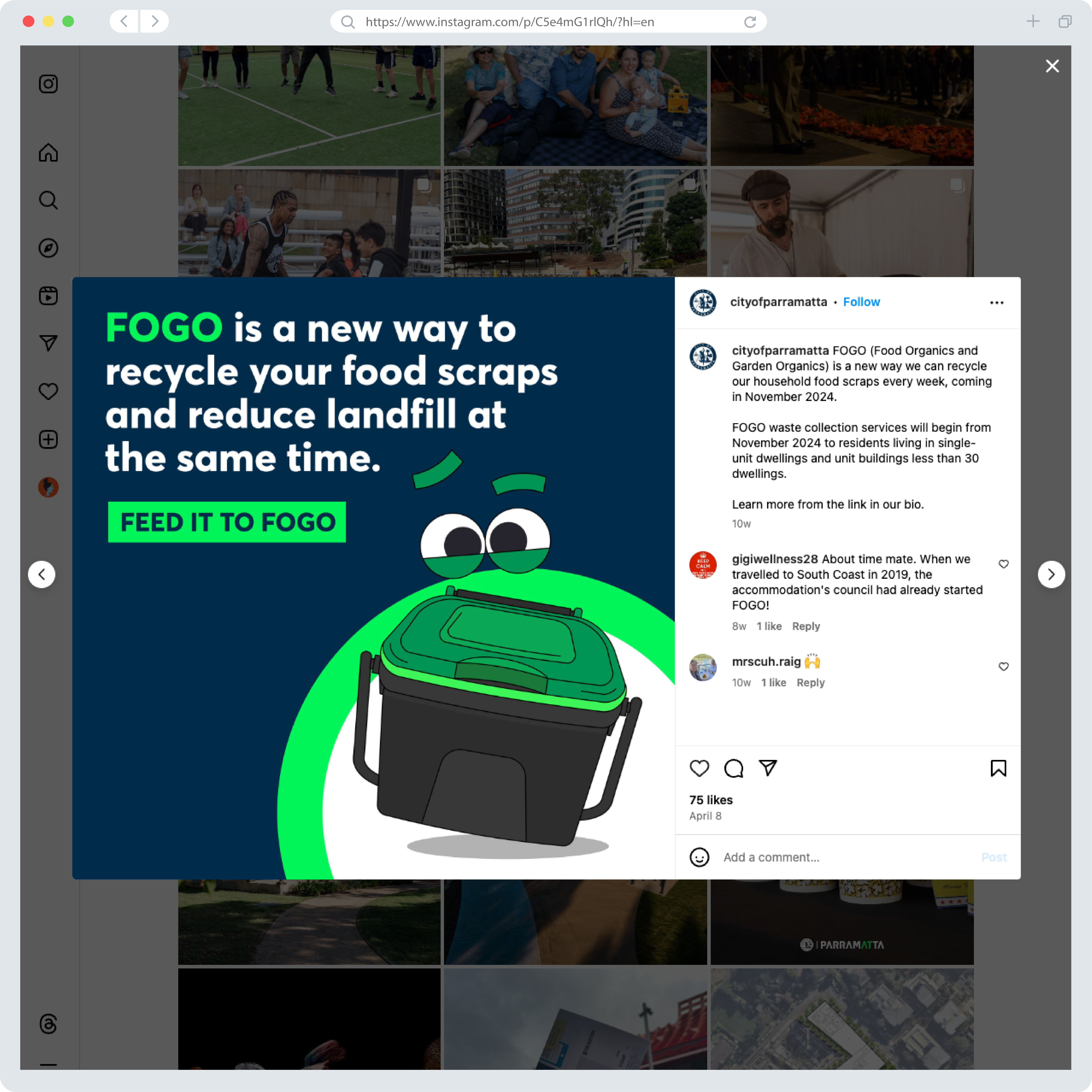 City of Parramatta Instagram post featuring the FOGO caddy and Feed it to FOGO campaign.