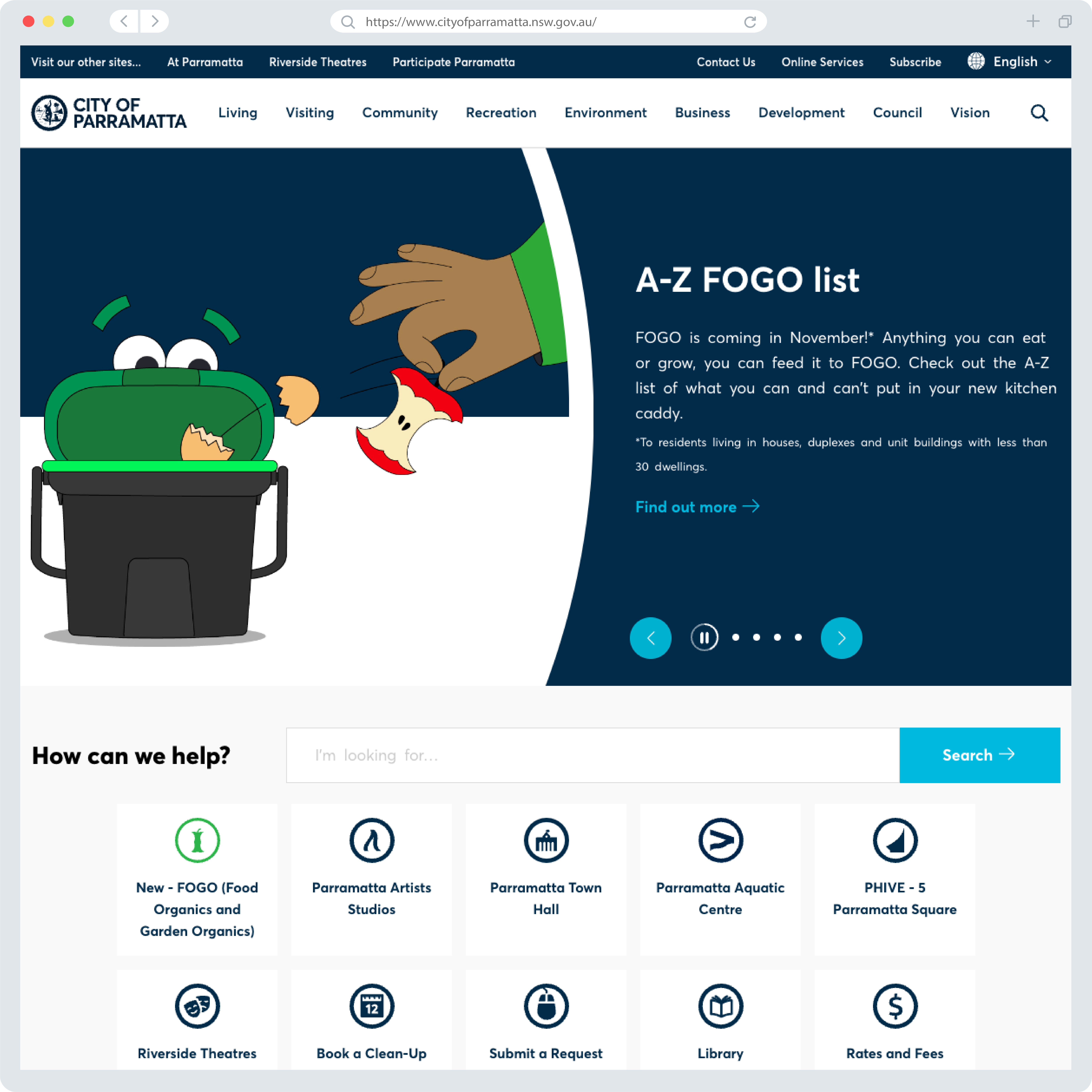 City of Parramatta website showing the FOGO caddy character beside an A–Z FOGO list.