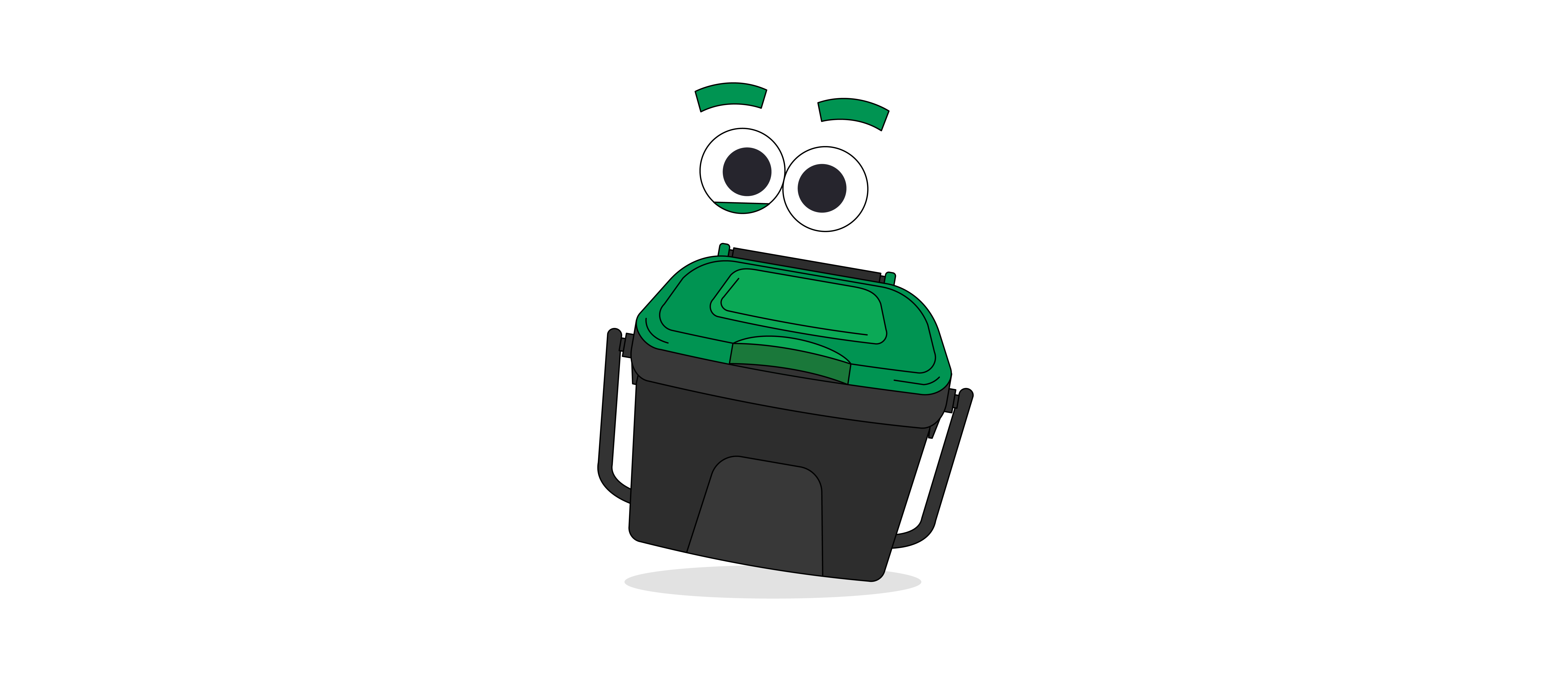 FOGO kitchen caddy character with a green lid and expressive eyes.