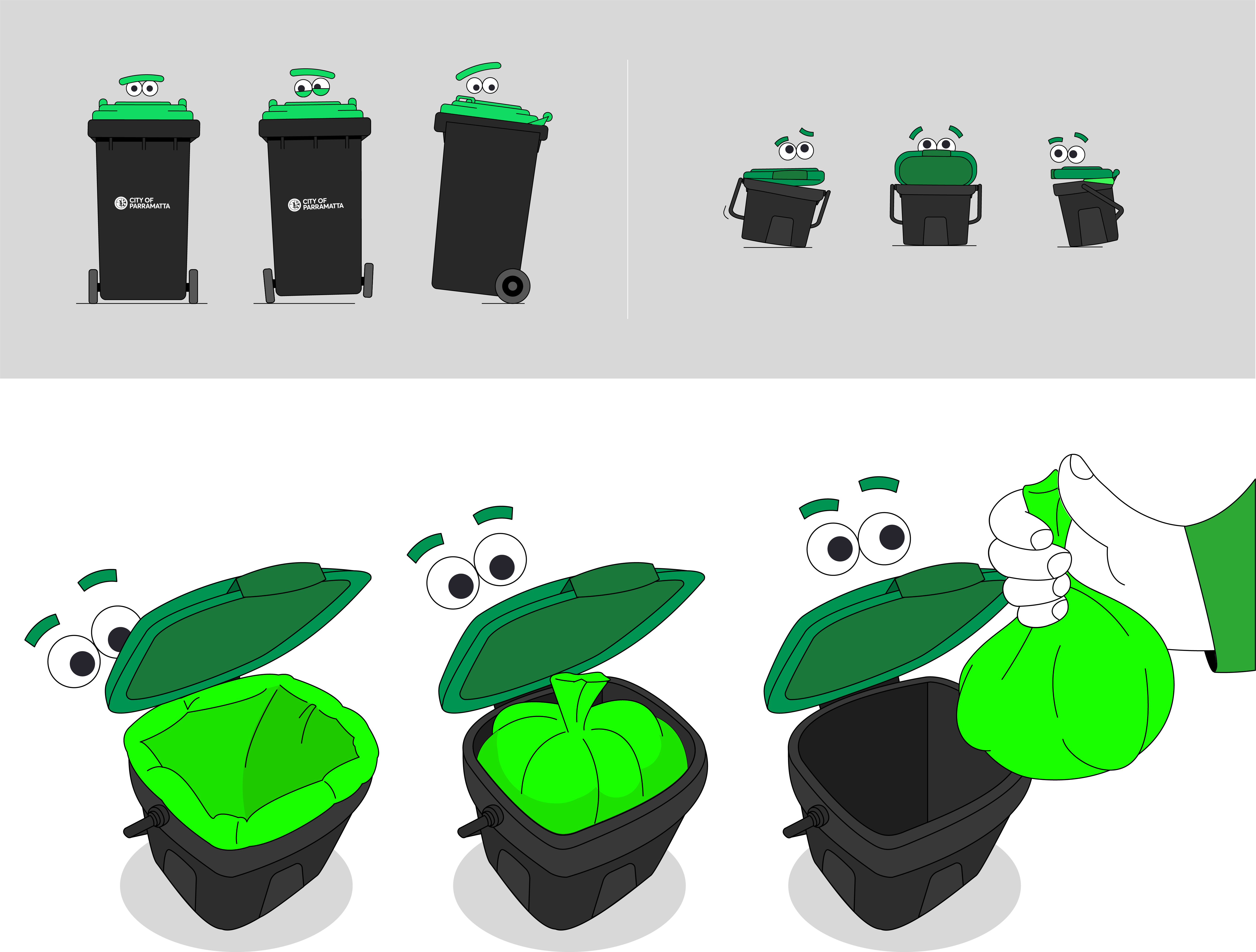FOGO wheelie-bin and kitchen-caddy character designs, with expressive eyes and a sequence showing how to fit and remove a green liner.